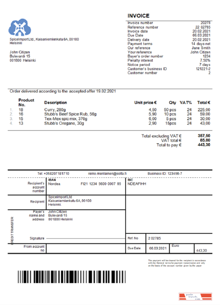 Finland SpiceImport Ltd invoice PSD template